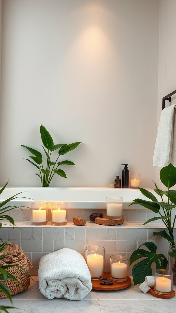 Baño minimalista decorado con velas y plantas, creando un ambiente de spa en casa.