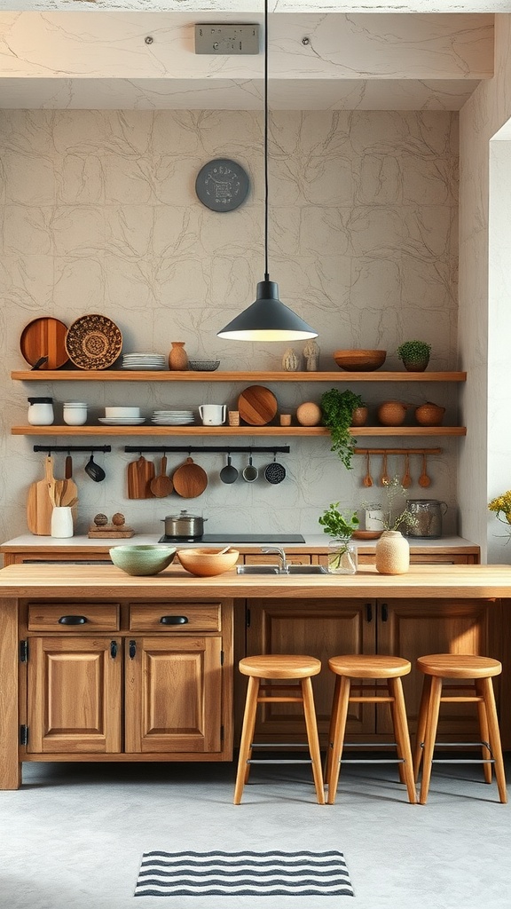 Cocina rústica con paredes en tonos neutros, estantes de madera y elementos naturales.