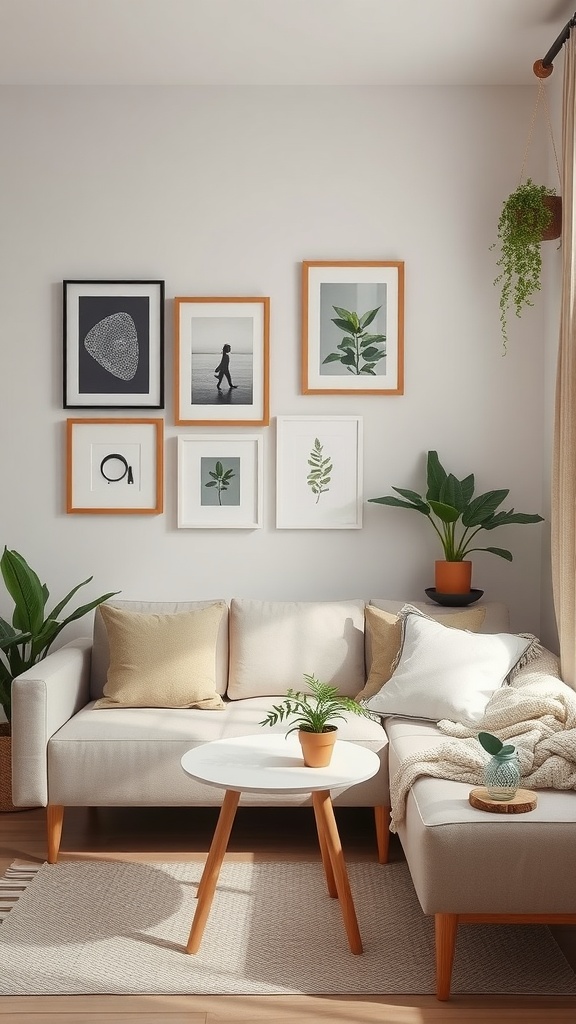 Un salón acogedor con arte en la pared, plantas y un sofá moderno.