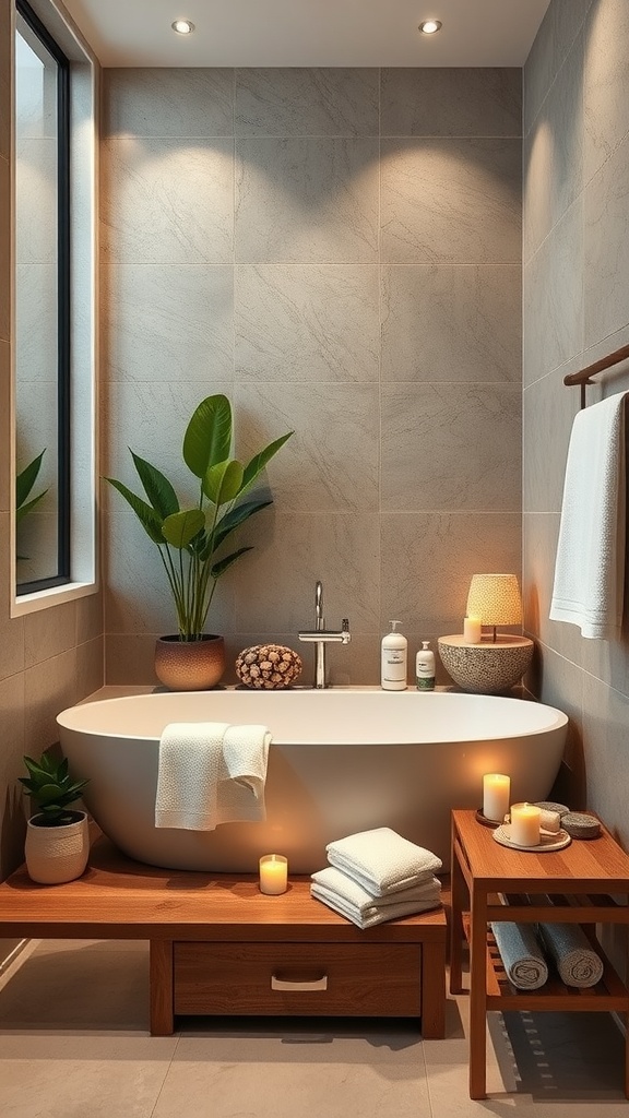 Baño moderno y minimalista con detalles de piedra y cerámica artesanal, plantas verdes y decoración relajante.