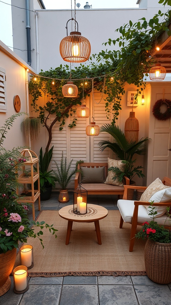 Patio decorado con faroles y velas, rodeado de plantas y luces suaves.