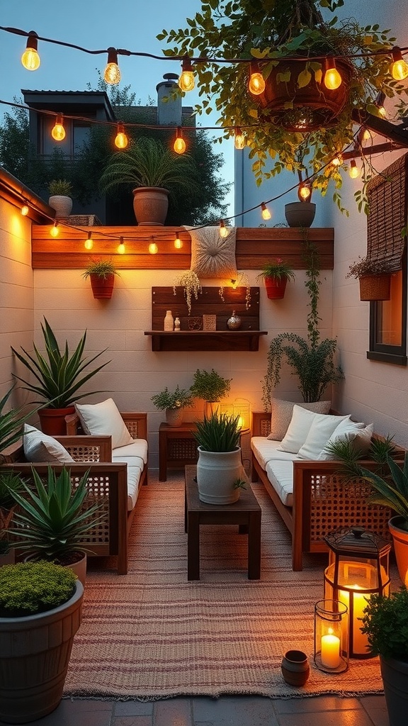 Patio decorado con luces cálidas y plantas, mostrando un ambiente acogedor y estiloso.