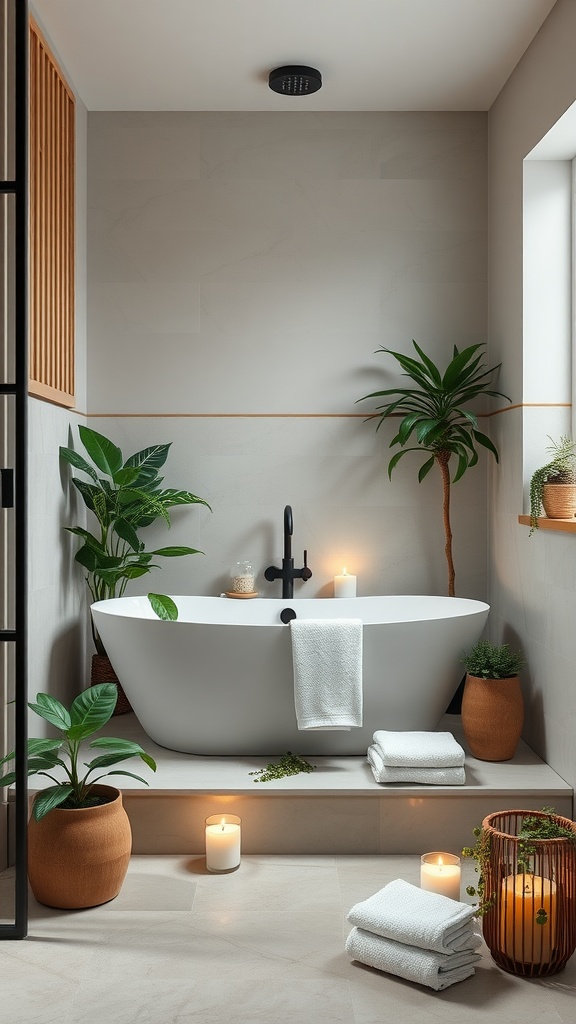 Baño minimalista con plantas verdes, bañera blanca y velas encendidas, creando un ambiente relajante y de spa.