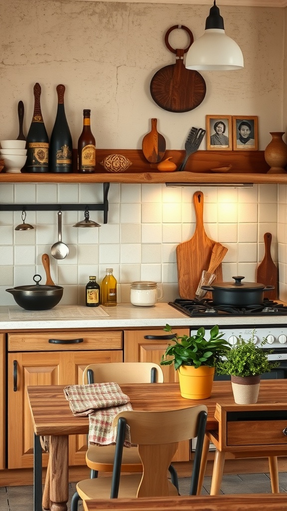 Cocina rústica con madera, cerámica y detalles vintage.