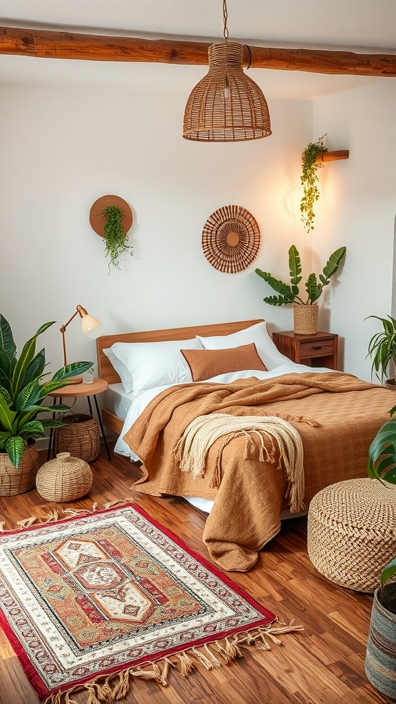 Dormitorio bohemio con alfombra boho, plantas y muebles de madera