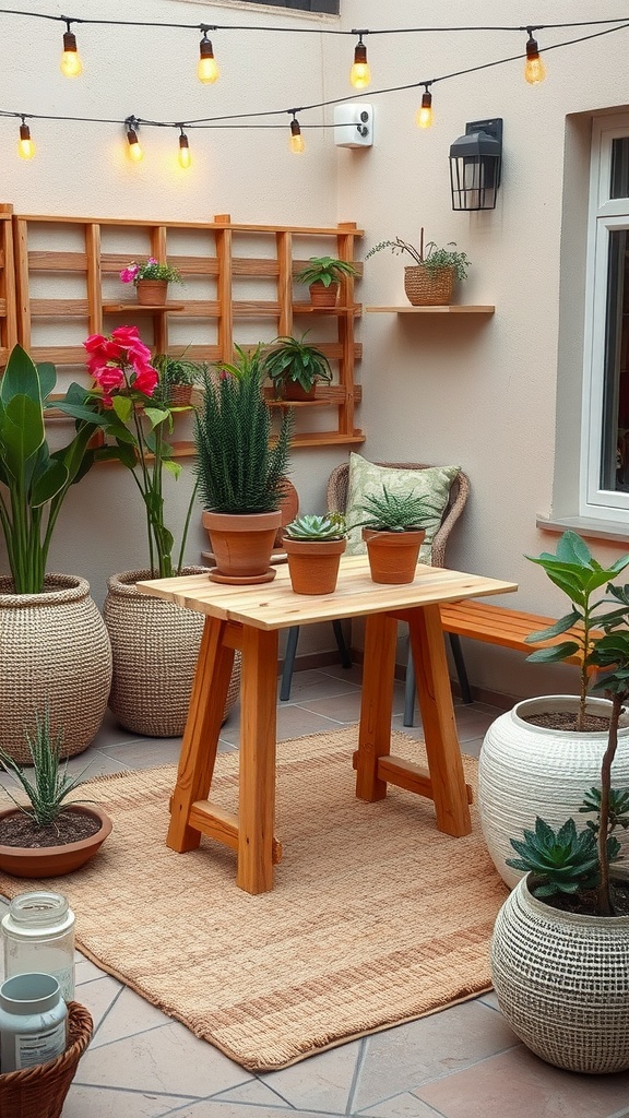 Mesa auxiliar de madera en un patio decorado con plantas y luces.