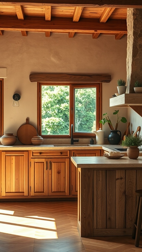 Cocina rústica con armarios de madera y detalles en piedra, iluminada por luz natural.