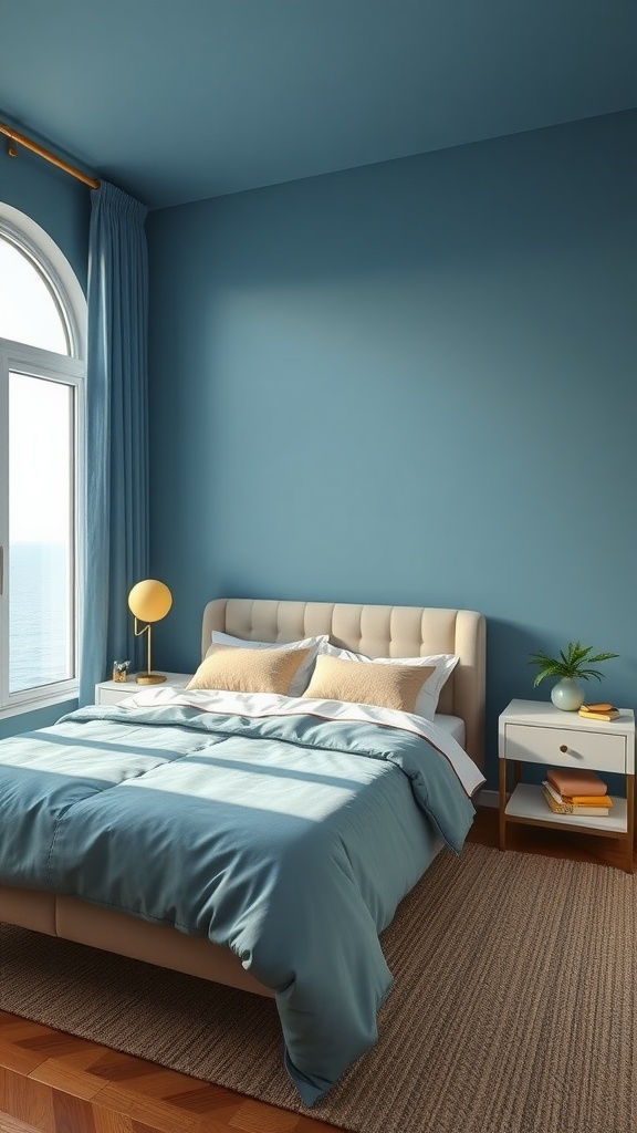 Un dormitorio minimalista con paredes azules, ropa de cama suave y decoración moderna, ideal para un ambiente relajante.