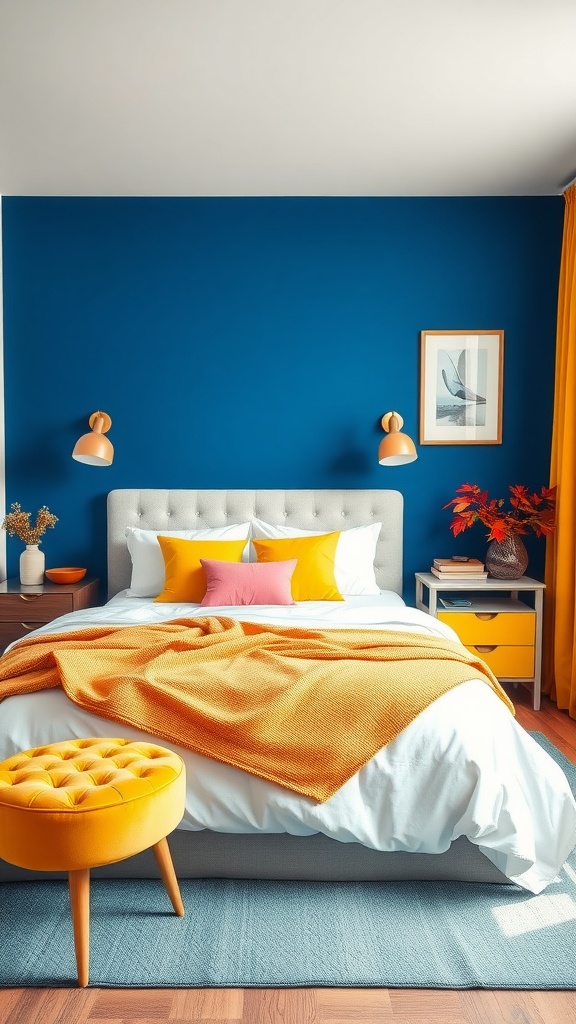 Un dormitorio moderno con paredes azules y decoración en tonos amarillos y naranjas.