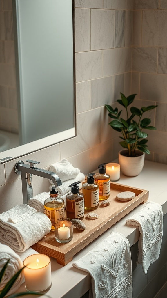 Rincón de autocuidado en un baño moderno con jabones artesanales, velas y plantas, mostrando una decoración relajante.