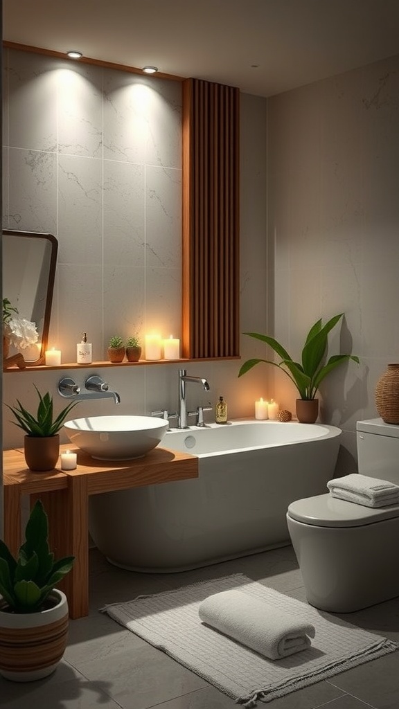 Baño de estilo spa con iluminación suave, mueble de madera y decoración minimalista.