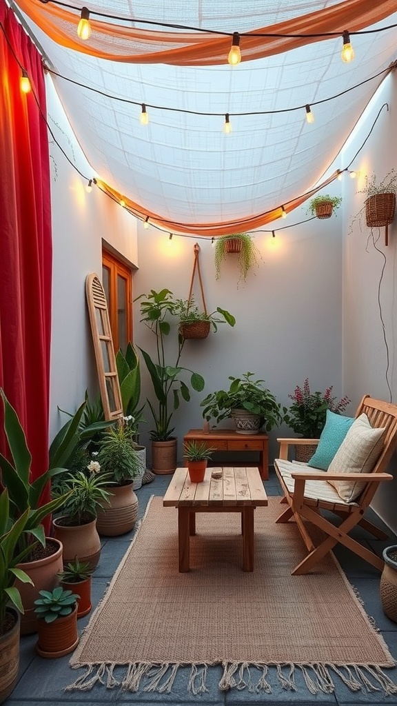 Patio decorado con telas y luces, creando una zona de sombra acogedora.