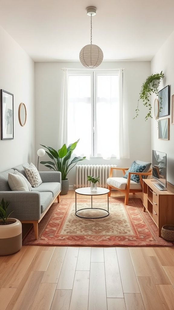 Un acogedor salón pequeño con una alfombra que define el espacio, plantas y muebles modernos.