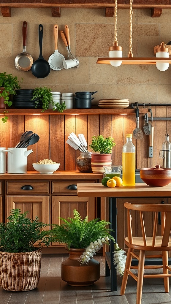 Cocina rústica con madera y piedra, decorada con cestas, frascos de vidrio y plantas.