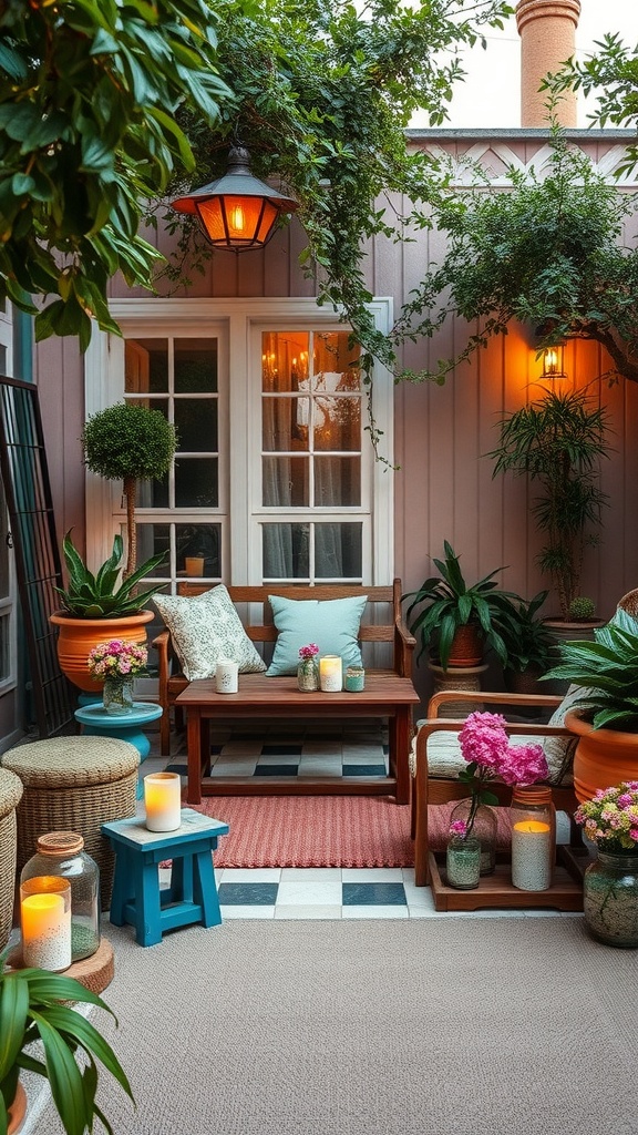 Un patio acogedor decorado con plantas, muebles de madera y detalles coloridos, ideal para crear un ambiente encantador.
