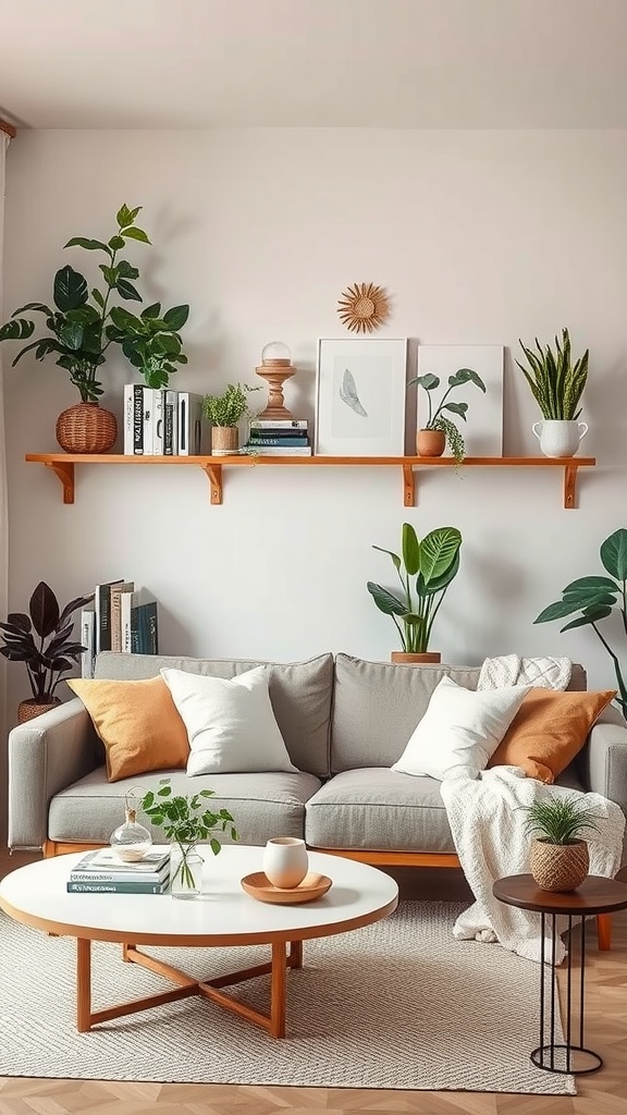 Salón acogedor con estantes flotantes, plantas y un sofá gris