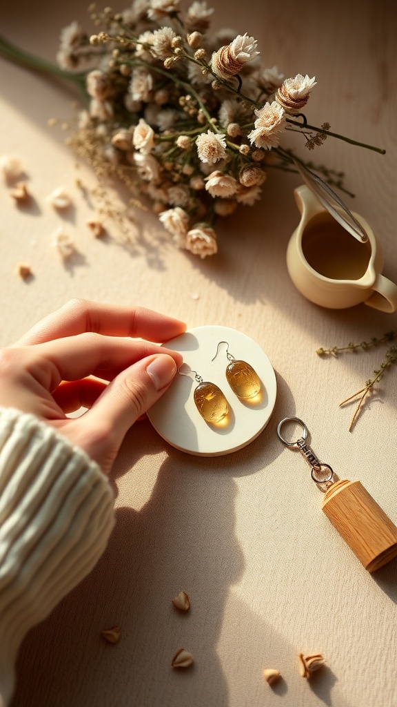 Pendientes de resina dorados sobre una base blanca, con flores secas y una jarra pequeña en el fondo.