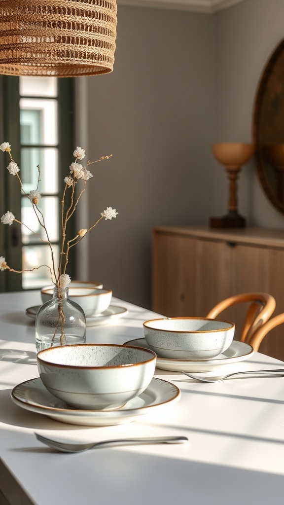 Mesa con cerámica artesanal, incluyendo platos y cuencos, decorada con un jarrón y flores.