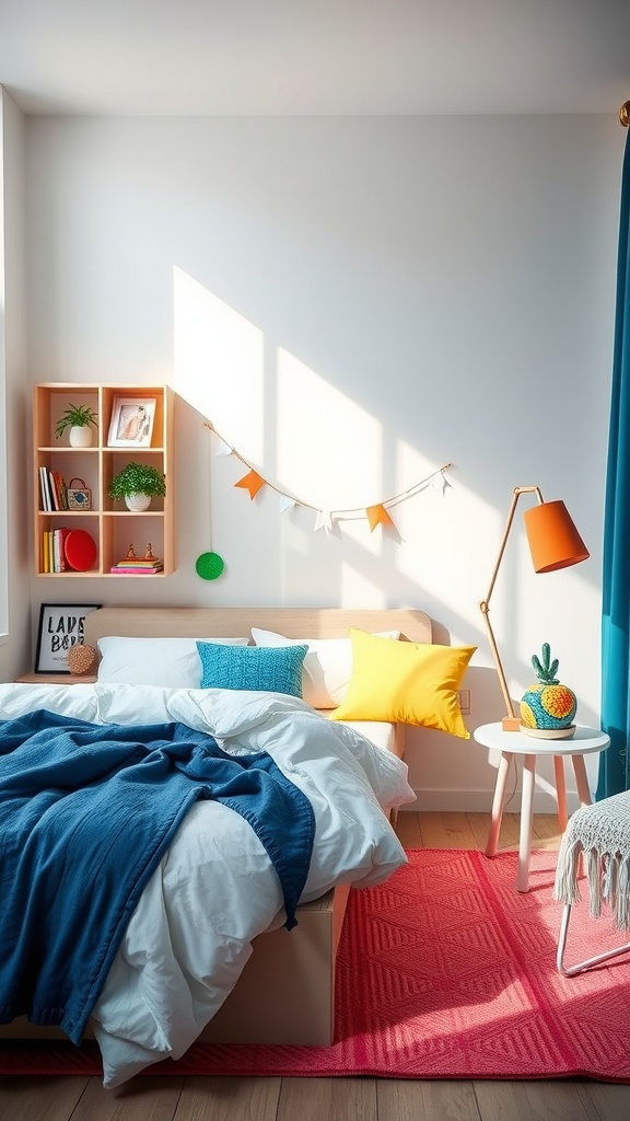 Un dormitorio moderno con detalles en color neón, mostrando un estilo juvenil y vibrante.