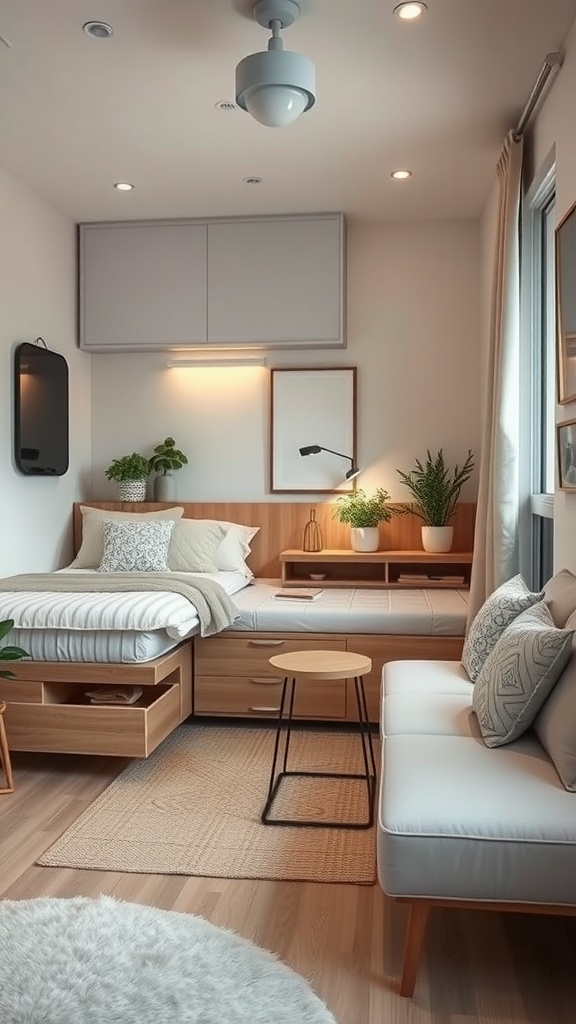 Habitación pequeña con cama y mesa plegable, decorada con plantas.