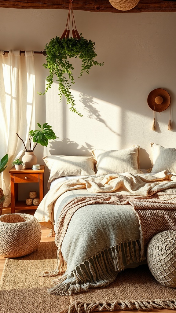 Un dormitorio bohemio con textiles de fibras naturales, manta en tonos suaves, cestas de yute y plantas verdes.