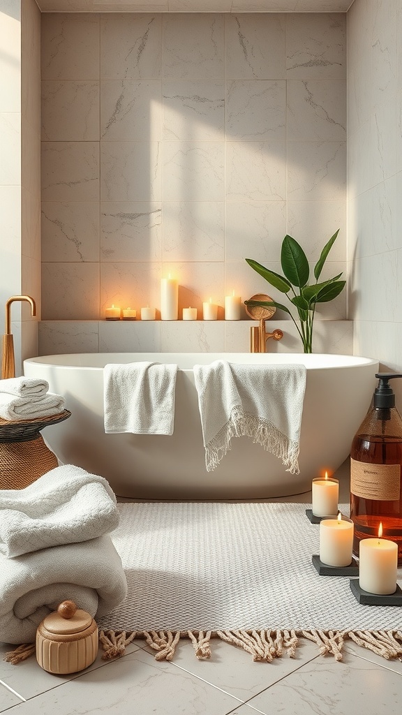 Un baño moderno con toallas blancas, velas encendidas y elementos naturales, creando un ambiente de spa en casa.