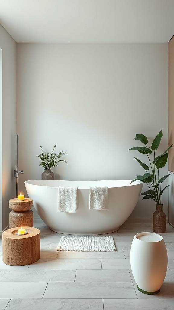 Baño minimalista con bañera blanca, plantas verdes y decoración relajante