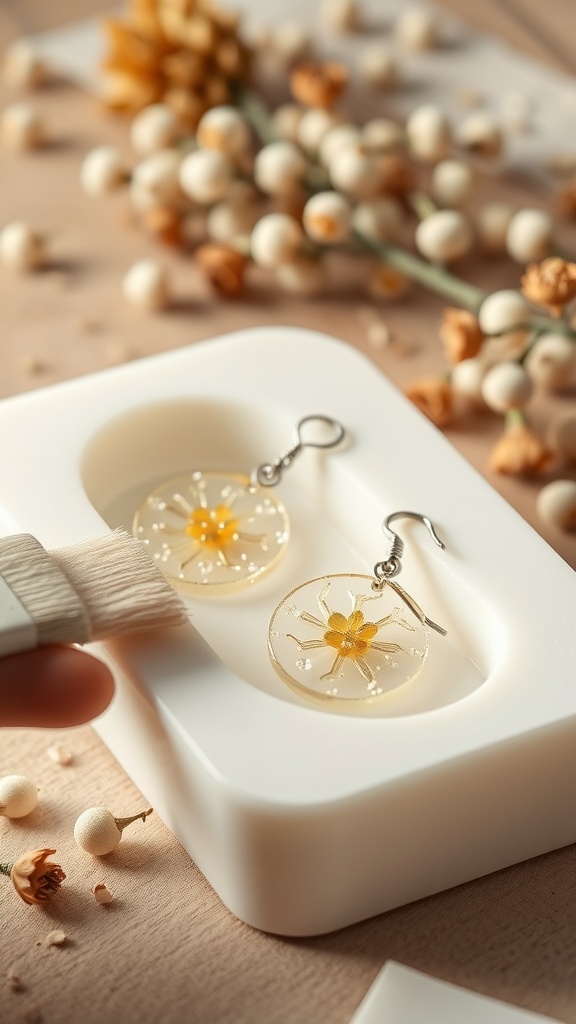 Pendientes de resina con flores secas en un molde, con una brocha en primer plano