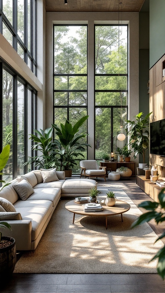 Salón moderno con decoración en verde, plantas de interior y muebles de madera.