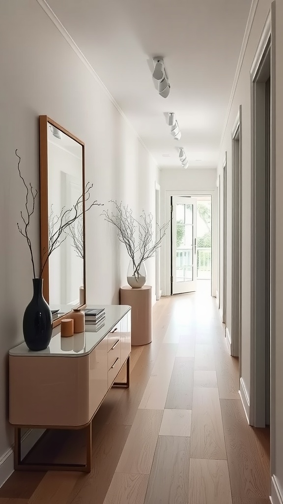 Un pasillo moderno con un espejo grande, un mueble elegante y decoraciones minimalistas.
