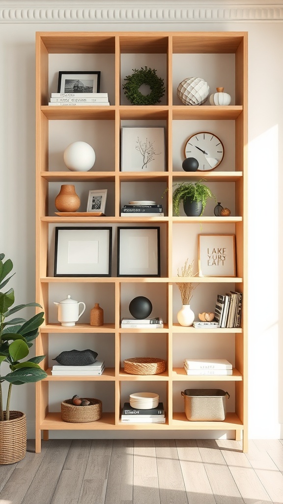 Estantería abierta de madera con decoración elegante y minimalista