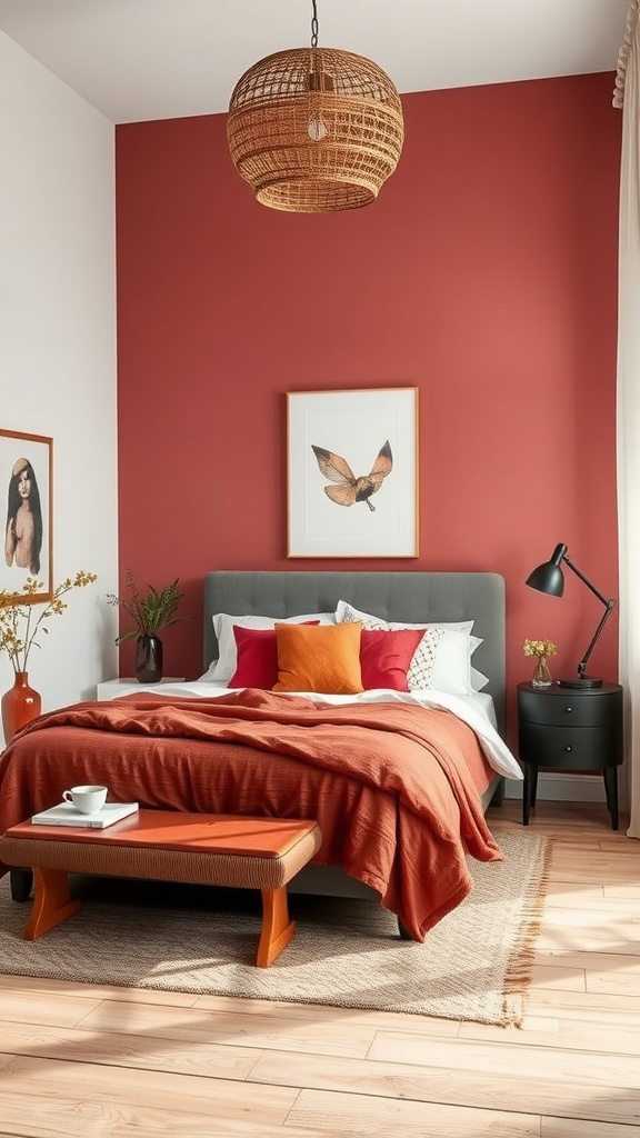 Dormitorio bohemio con colores cálidos y ricos.