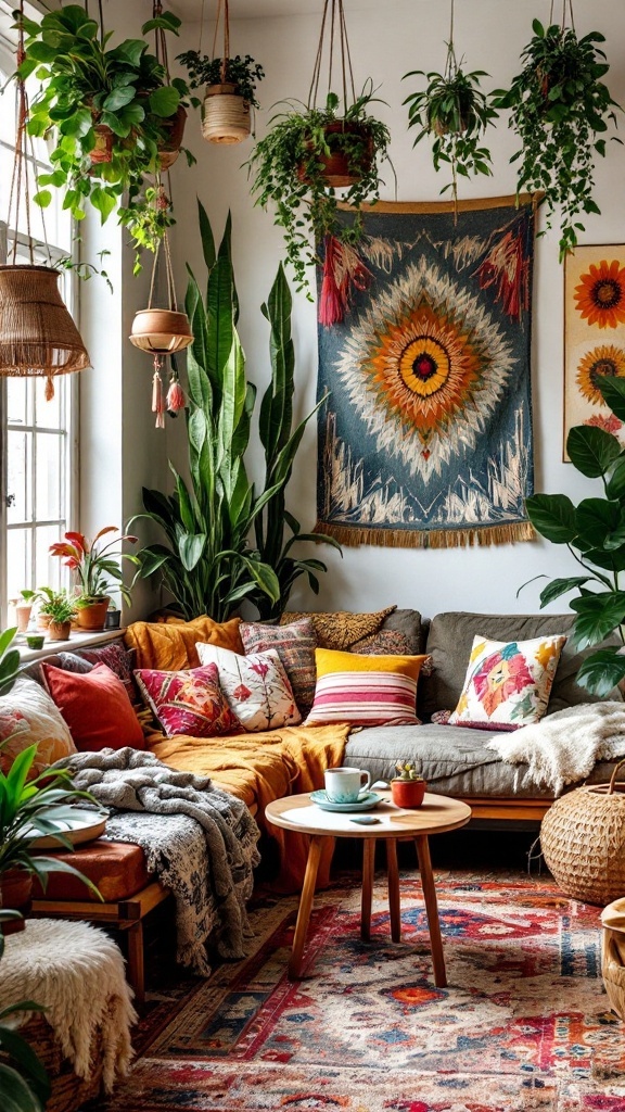 Salón bohemio decorado con plantas colgantes y muebles verdes
