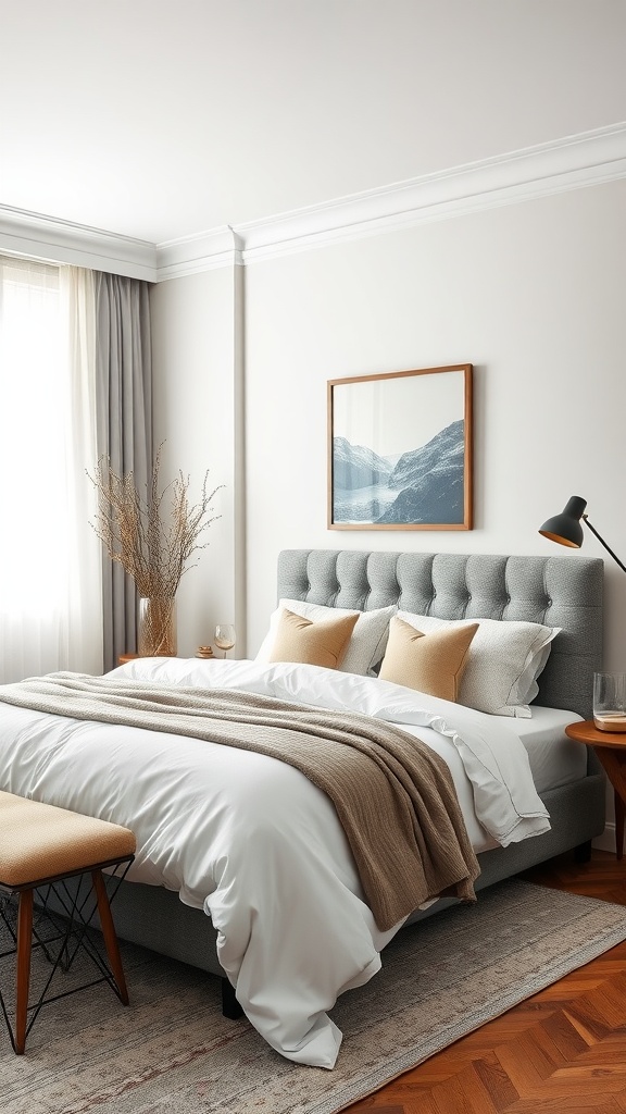 A cozy minimalist bedroom featuring a monochromatic color scheme with soft tones.
