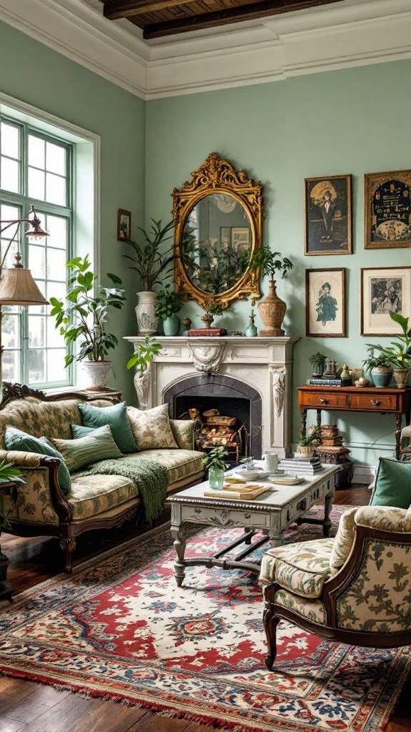 Salón decorado con estilo vintage y toques verdes, incluyendo muebles y plantas.