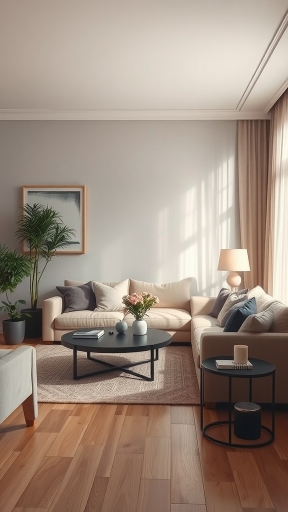 Un salón moderno con iluminación suave y cálida, decorado con muebles minimalistas y plantas.