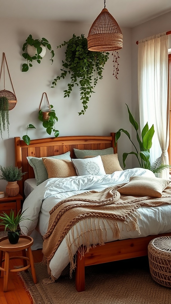 Dormitorio bohemio con plantas, texturas naturales y un estilo relajado.