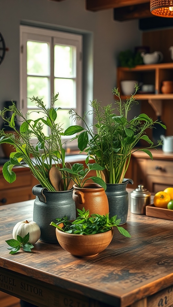 Cocina rústica con hierbas aromáticas frescas en macetas de barro y metal sobre una mesa de madera