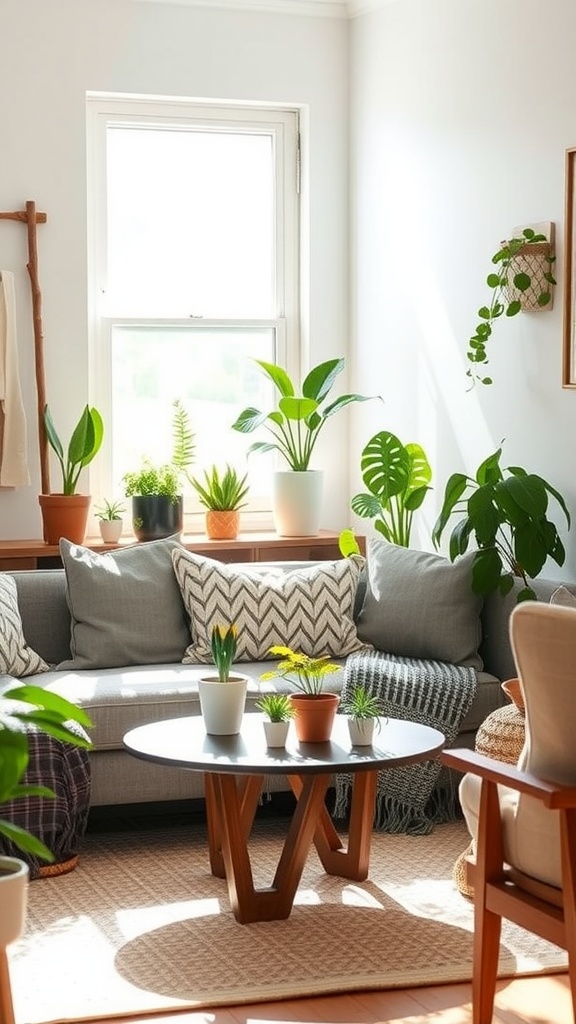 Salón acogedor con plantas pequeñas en diferentes macetas, sofá gris y detalles de decoración minimalista.
