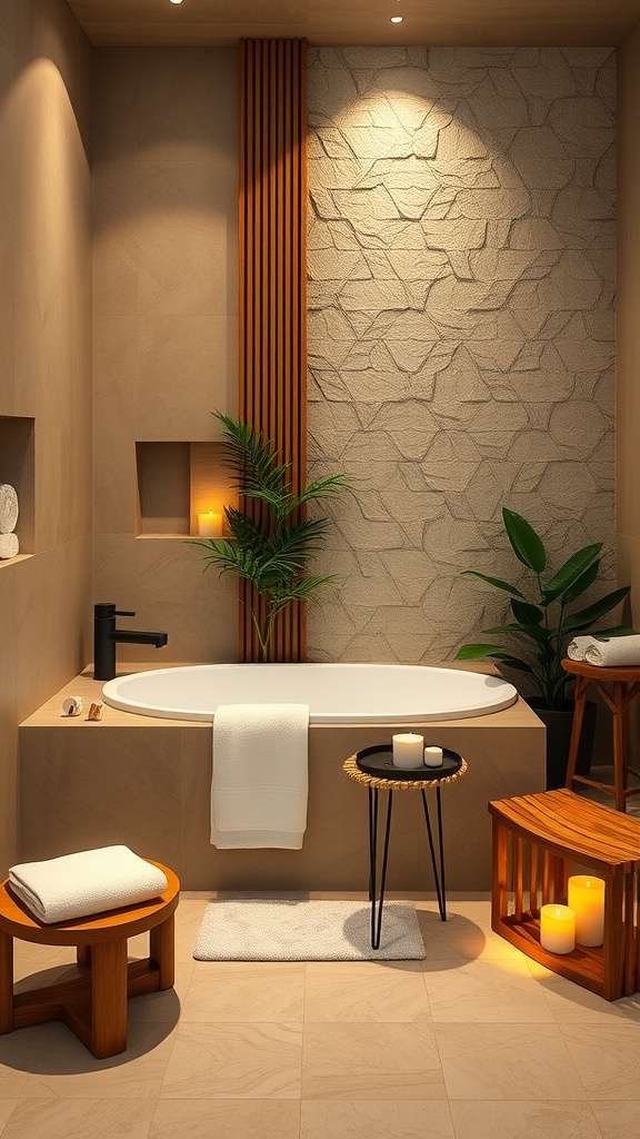 Baño moderno con elementos de madera clara, piedra y decoración minimalista.