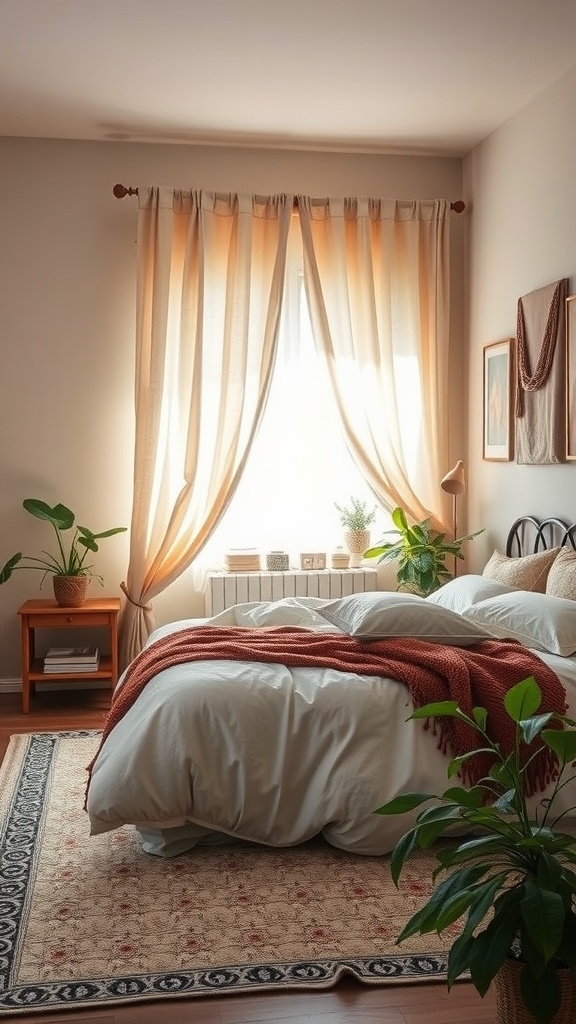 Dormitorio bohemio con mantas, cojines y cortinas fluidas en tonos cálidos y decoración natural.