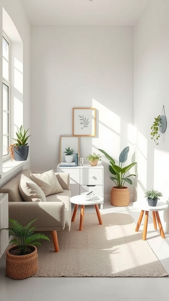 Rincón decorado con sofá, mesas de café y plantas en un espacio pequeño.