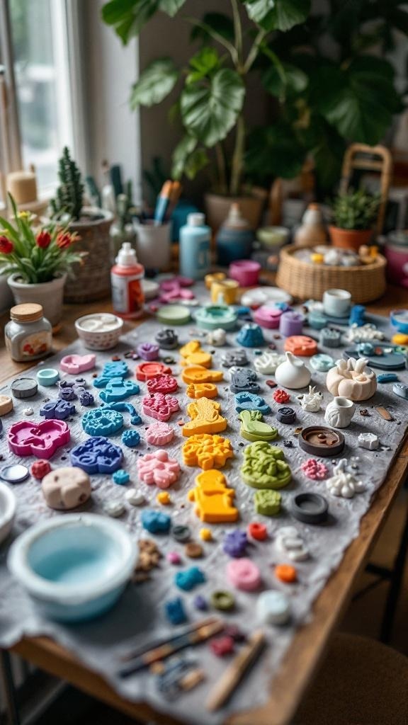 Materiales para hacer pendientes de resina: resina, moldes, ganchos, flores secas y herramientas.