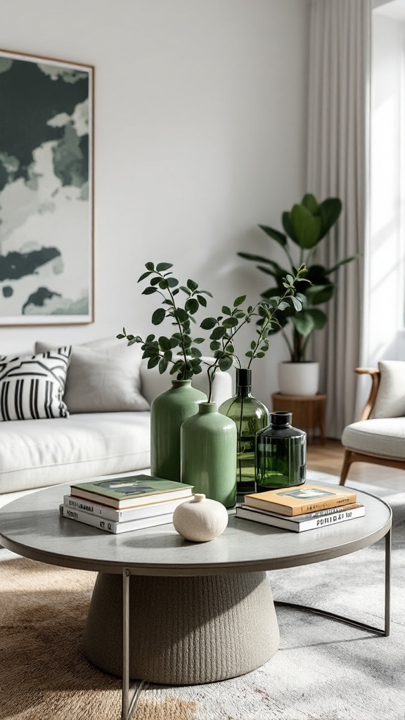 Mesa de centro decorada con jarrones verdes y plantas en un salón moderno