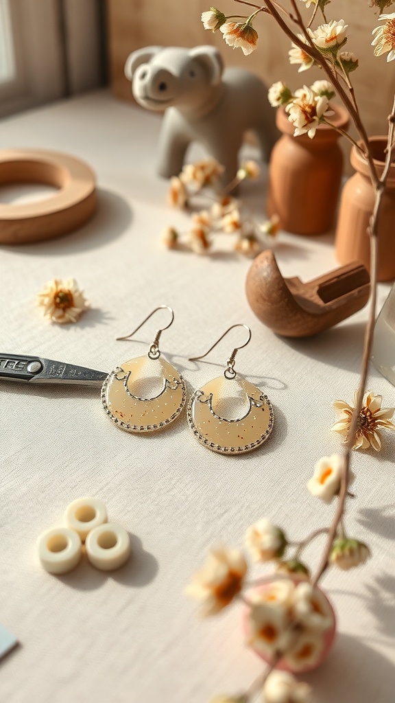 Pendientes de resina en tonos suaves, listos para ser montados, sobre una mesa con decoración minimalista.