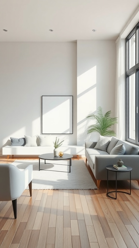 Salón moderno con muebles de líneas limpias y funcionales, decorado con detalles minimalistas.