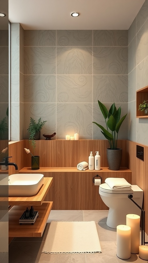 Baño minimalista con estantes de madera, plantas, velas y productos de baño organizados.