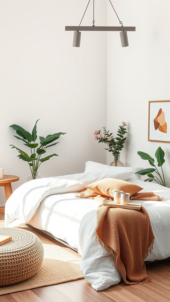 Dormitorio minimalista con paleta de colores naturales, plantas y decoración relajante.