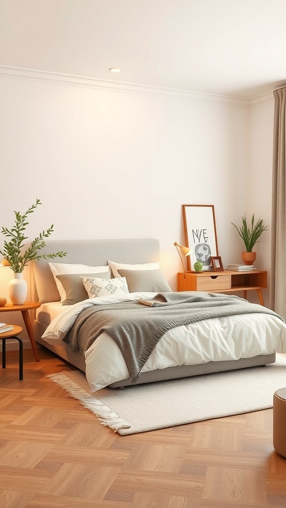 Un dormitorio minimalista con una paleta de colores neutros, mostrando una cama cómoda con cojines, una manta y una decoración simple.
