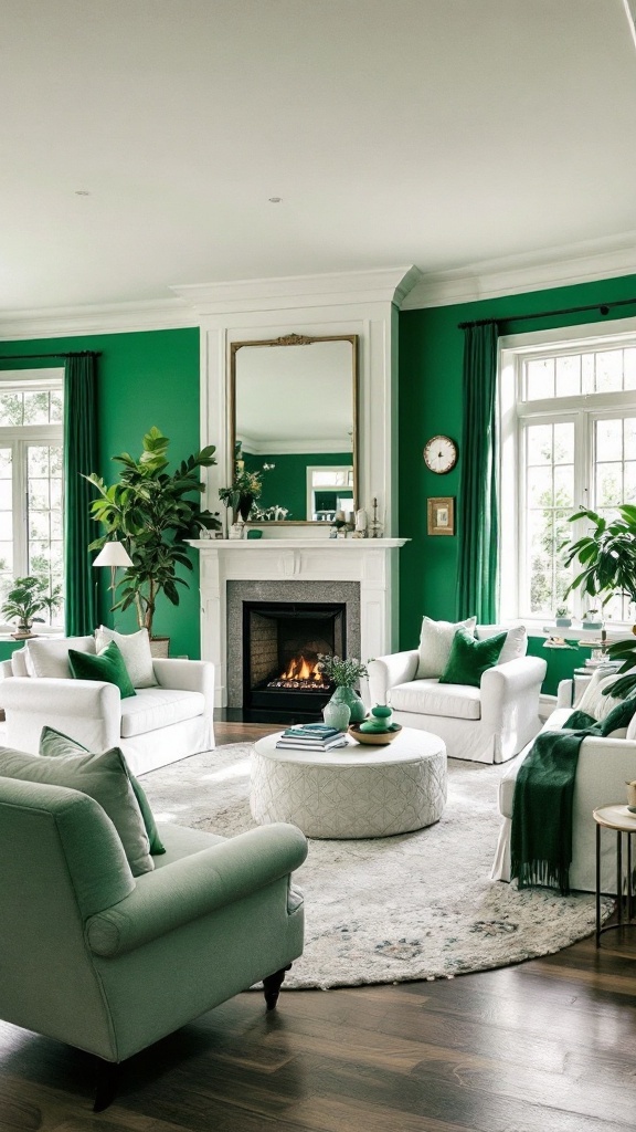 salón decorado con paredes verde esmeralda y muebles blancos, acompañado de plantas de interior